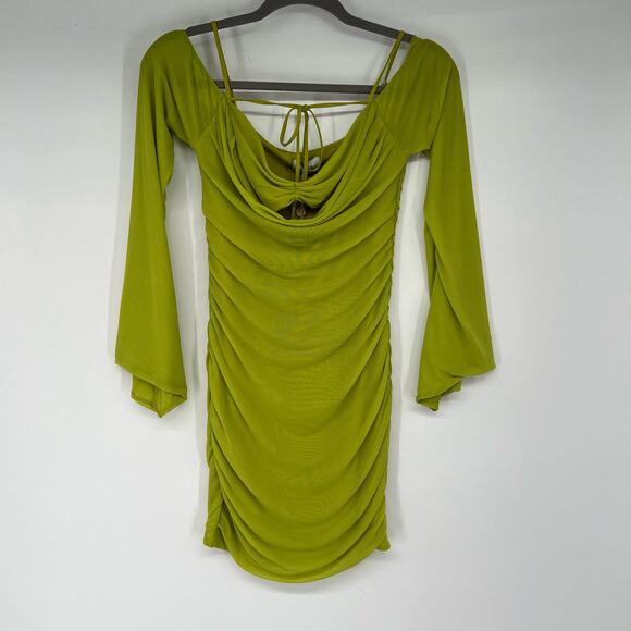 NWT Oh Polly Odyssey Fluted Sleeve Mini Dress Women's Size 8 Green Stretch Mesh - Picture 3 of 11